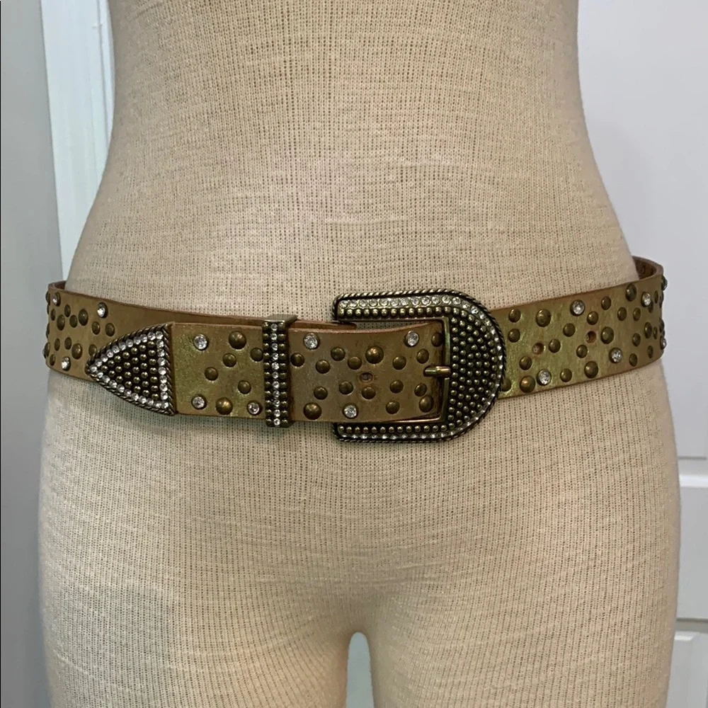 Metallic gold full grain cowhide leather western rhinestone festival belt